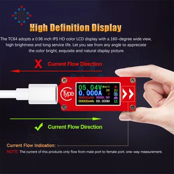 TC64 LCD värviline LCD USB-Voltmeeter ammeter pinge praeguse arvesti TÜÜP C multimeeter aku PD eest võimu pank USB-Tester