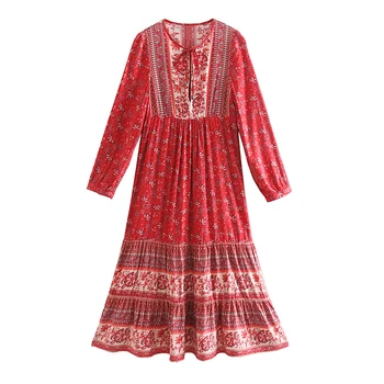 TEELYNN punane boho kleit rayon õie printida pikk deßi V-kaelus pikk varrukas tutt tuunika naiste kleidid 2020. aasta kevadel Bohemia kleidid