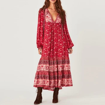 TEELYNN punane boho kleit rayon õie printida pikk deßi V-kaelus pikk varrukas tutt tuunika naiste kleidid 2020. aasta kevadel Bohemia kleidid