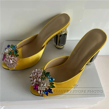 Teemant Kalliskivi Kõrge Kontsaga Sandaalid Naistele Luksuslik Satiin Kristall-Lill Rhinestone Kontsaga Kingad Naine Zapatos De Mujer