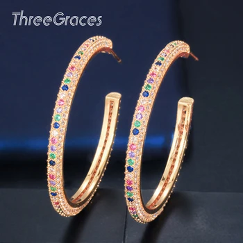 Threegraces Trendikas Mitmevärviline Kuupmeetri Tsirkooniumoksiid Crystal Vikerkaar Suur Ring, Ring Naiste Kuld Loop Kõrvarõngad Pidulik Õhtusöök E0309