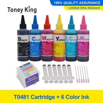 Toney Kuninga 6 Värvi T0481 tindikassett + 6×100ml Printeri Tindi Komplekt Epson Stylus Photo R200 R220 R300 R300M R320 R340 Koos Kiip