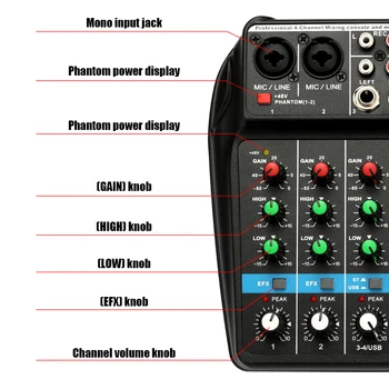 TU04 BT Sound Mixing Console 4 Kanalit Audio Mixer Rekord 48V Phantom Power Jälgida AUX Teed Pluss Mõju USB
