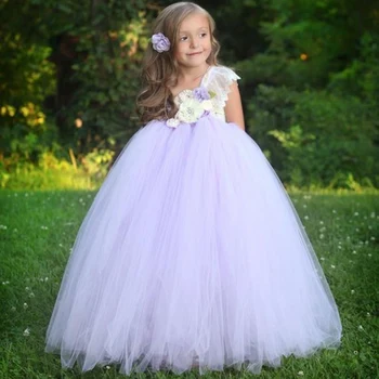 Tüdrukud Lilled Princess Lavendel Tutu Kleit Lapsed Heegelda Pikk Pall Kleit Kleit koos Pits Õla-Laste Partei Kostüüm Kleidid