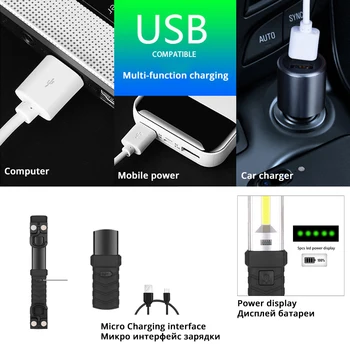 USB Laetav COB kerge töö Glare LED Taskulamp võimsa magneti ja Konks Sobib telkimine, hooldus,jne.