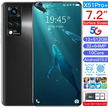 Uus 2021 X51PRO+ 7.2 Inch Dual SIM+Micro SD Face ID Mobiiltelefoni 32+64MP MT6595 10 Core 6800mAh Andriod 10 Nutikas Telefon Celular
