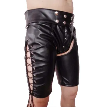 Uus 2021Mens Must Faux lakknahast Püksid Ööklubi Etapp Kõhn Performance Püksid Meestele Seksikas Avatud Jalgevahe Püksid