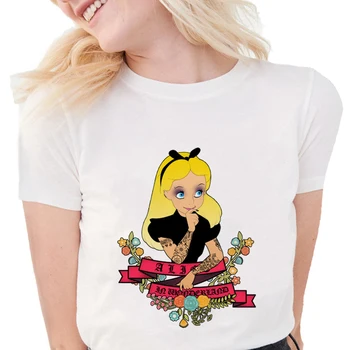 Uus Alice Imedemaal Tume Princess T-Särgid Naiste Punk Tätoveeritud Print Valge T-särgid Slim Naiste Topid S1029