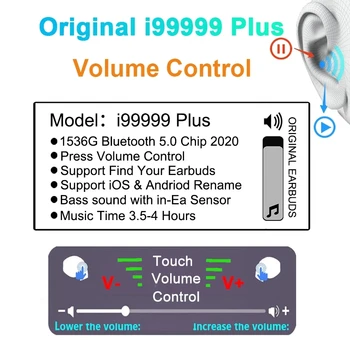 UUS i99999 Pluss TWS Kõrvaklappide Helitugevuse reguleerimine Juhtmeta Bluetooth-Kõrvaklapid 10D Super Bass 1:1 Air2 Teksti Earbuds PK i90000 Max
