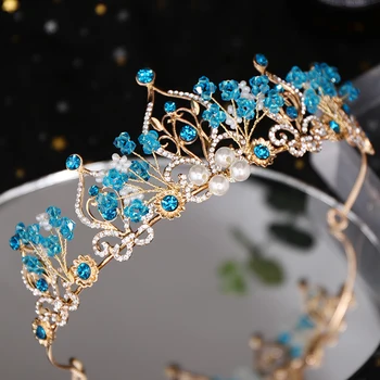 Uus Printsess Crown Flower Pearl Blue Crystal Pruudi Diadem Pulm tiara Headpiece Juuksed Ehted Pulm Juuksed Tarvikud