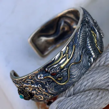 Uus s925 puhas hõbe draakon käevõru mehed, lai isikupära käevõru retro etnilise stiili saab välja puhas käsitöö meeste käevõru