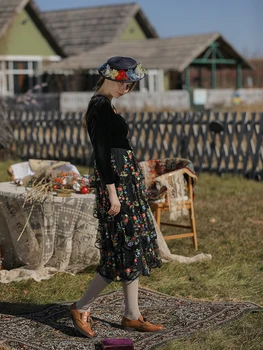Uus Sügis-Talv Kleit Naiste Vintage Elegantne Sale Seksikas V-Kaelus Luksuslik Tikand Midi Kleit Vabaaja Must Samet Kaua Kook Kleit