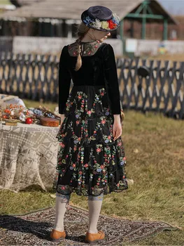 Uus Sügis-Talv Kleit Naiste Vintage Elegantne Sale Seksikas V-Kaelus Luksuslik Tikand Midi Kleit Vabaaja Must Samet Kaua Kook Kleit