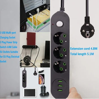 Uusim 3 USB Multi-Pordi laadija Pesa 3 Plug Power Strip Lüliti 4.8 M Kaabel ELI Turustusvõimalusi Sobib EU Pistik Pistikupesa