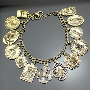 Vintage Gold Pinnatud Hõbe Katoliku Usulised Kiriku Medalid Pühade PALVETAGE MEIE EEST Risti Kett Käevõru Käevõru Ehted Uued
