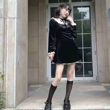 Vintage Gooti Lolita Kleit Tüdrukud Jaapani Pits Segast Pits-up Stand Krae Velvet Mini Kleit Naiste Punk Kleidid