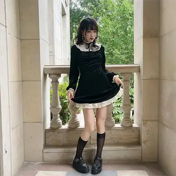 Vintage Gooti Lolita Kleit Tüdrukud Jaapani Pits Segast Pits-up Stand Krae Velvet Mini Kleit Naiste Punk Kleidid