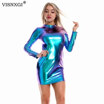 VISNXGI Pikad Varrukad Bodycon Läikiv Metallik Kleit Laser Holograafiline Suvi Sügis Kleit Naised, Elastne Mini Pool Clubwear Kleidid