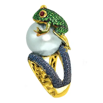 Värviline Kristall Konn Rõngad naiste Vintage pärlite Hõbedane Värv AAA CZ kivi Loomade Ehted sõrmused