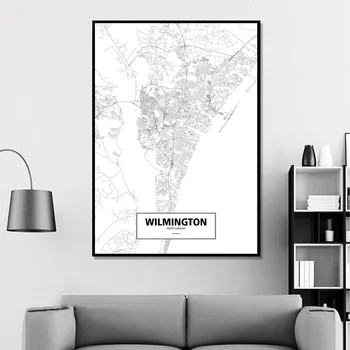 Wilmington, Põhja-Carolina, Ameerika Ühendriigid Must Valge Kohandatud Maailma Linna Kaart Plakat, Lõuend Print Põhjamaade Stiilis Seina Art Home Decor