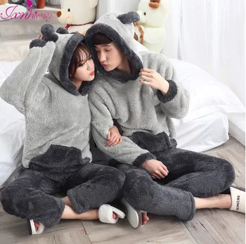 Winer Soe Cartoon Naine ja Mees Armastavad kawaii trükitud Loomade Sleepwear pidžaama tops+püksid sooja kodu riie komplekt M-XXL