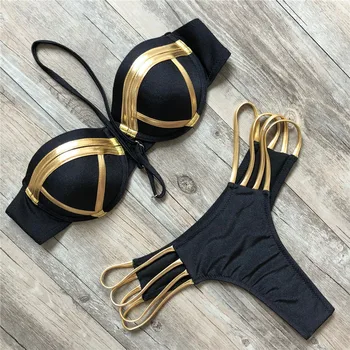 YICN Kuld Stantsimine Thong Bikiinid Komplekti Seksikas Polsterdatud Naiste Ujumistrikoo Push Up Bandeau Supelrõivad Beachwear Brazilian Bikinis trikoo