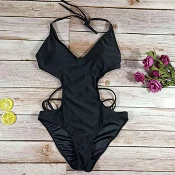 Z-LAI 2019 sidemega ühes tükis ujumistrikoo sügav v sexy bikini strappy backless ujumisriided, päitsed kaela monokini tahke push up beachwear