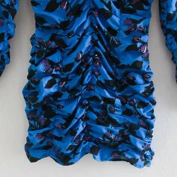 Za Suvel Ruched Kleit Naiste Sinine Trükitud Draped Kleidid O-kaeluse Plisseeritud Elastne Vöökoht Mini Naine Kleit Pikk Varrukas Zip