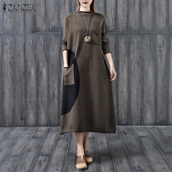 ZANZEA Naiste Midi Kleit 2021 Sügisel kõrge kaelusega Vestidos Vabaaja Segast Rüü Femme Pluss Suurus Daamid Vintage Sundress Femme