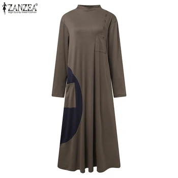 ZANZEA Naiste Midi Kleit 2021 Sügisel kõrge kaelusega Vestidos Vabaaja Segast Rüü Femme Pluss Suurus Daamid Vintage Sundress Femme