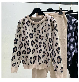 ZAWFL 2020. aasta Uus mood Sügisel Talvel Naiste Kostüümid Leopard Silmkoelised O-kaeluse Pullover Kampsun ja Püksid, Kahe-osaline Komplekt