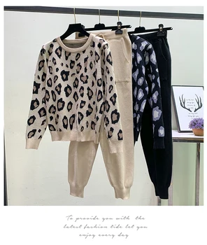 ZAWFL 2020. aasta Uus mood Sügisel Talvel Naiste Kostüümid Leopard Silmkoelised O-kaeluse Pullover Kampsun ja Püksid, Kahe-osaline Komplekt