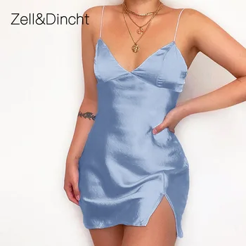 Zell&Dincht Satiin Spagetid Rihm Mini Kleit Varrukateta Suvine Naiste Kleit Maha Õla Backless Beach Seksikas Naiste Kleit