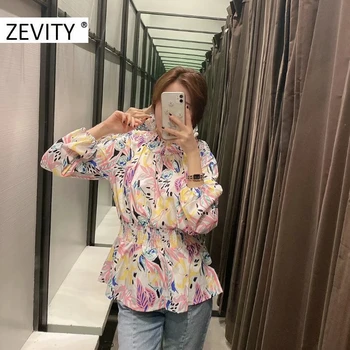 Zevity naiste mood värvikas graffiti prindi vabaaja smock pluus särgid naiste elastne seista krae stiilne blusas brändi tops LS7051