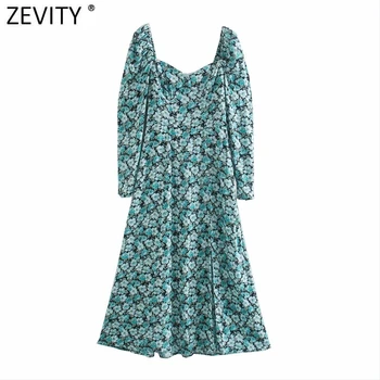 Zevity Naiste Vintage Square Krae Printimine Jagatud Midi Kleit Femme Stiilne Plisseeritud Puhvis Varrukad Vabaaja Slim Line Vestido DS4832