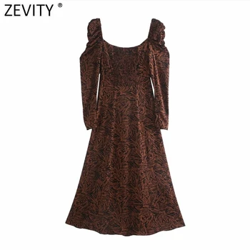Zevity Naiste Vintage Square Krae Printimine Jagatud Midi Kleit Femme Stiilne Plisseeritud Puhvis Varrukad Vabaaja Slim Line Vestido DS4832
