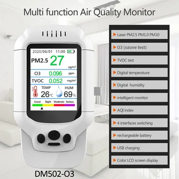 Õhu Anduri LCD USB-PM2.5 HCHO TVOC Laser Hajutades Õhu Kvaliteedi Anduri Gaasi Detektor Tester O3 Arvesti MonitorTester Smart Home