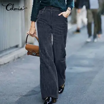 Ülegabariidiliste Naiste Püksid Celmia Vintage Kõrge Vöökoht Velvetist Püksid 2021 Mood Pikk Palazzo Vabaaja Taskud Tee Pantalon Mujer