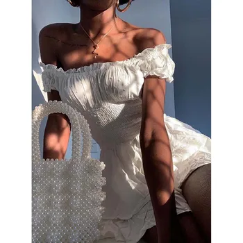женское платье 2021 mini suvine kleit valge üks-õlg slim ruffled tüdruk, naine, kleit Retro платье летнее bodycon kleit seksikas